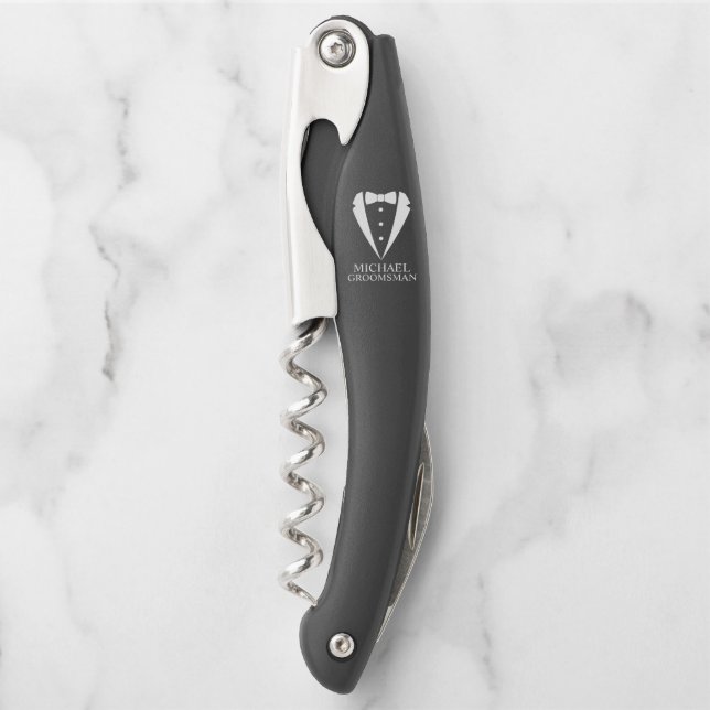 Black Wedding Tuxedo Suit Personalized Groomsmen Corkscrew (Front)