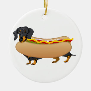 Black Weiner Dog with All the Fixins Ceramic Ornament