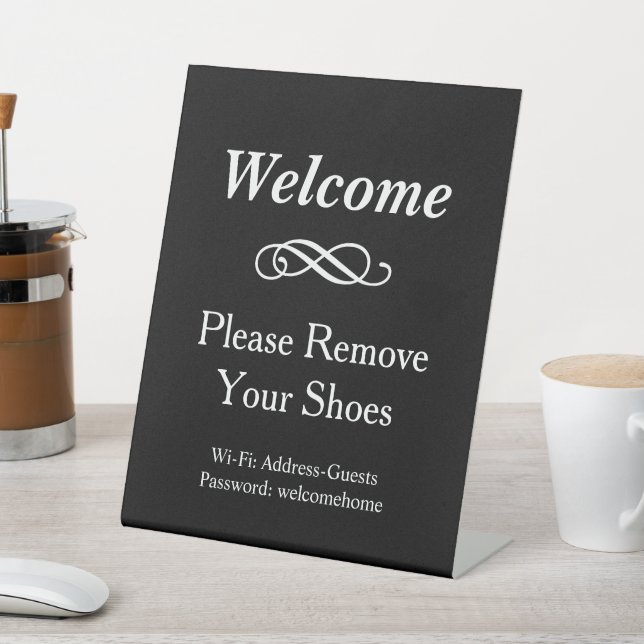 Black Welcome Remove Shoes WiFi Pedestal Sign (In SItu)