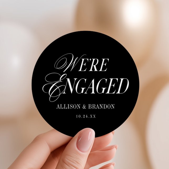 Black We're Engaged Engagement Party Favours Classic Round Sticker (Creator Uploaded)