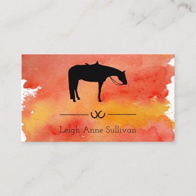Black Western Horse Silhouette on Watercolor Business Card (Front)