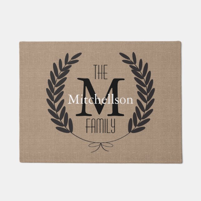 Black Wheat Laurels Burlap - Personalised Doormat (Front)