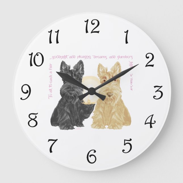 Black & Wheaten Goodnight Scotties Large Clock (Front)