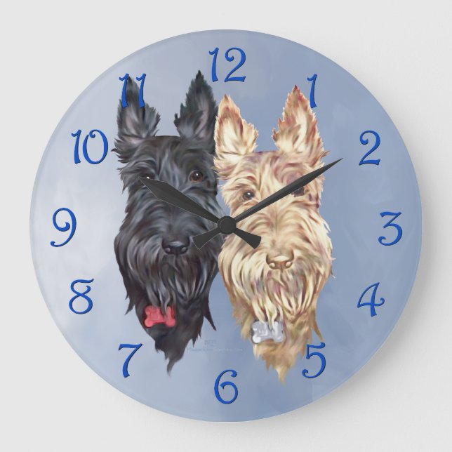 Black & Wheaten Scottish Terriers Large Clock (Front)
