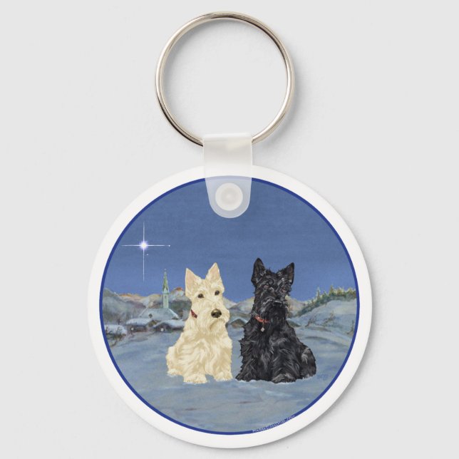 Black & Wheaten Scottish Terriers Winter Key Ring (Front)