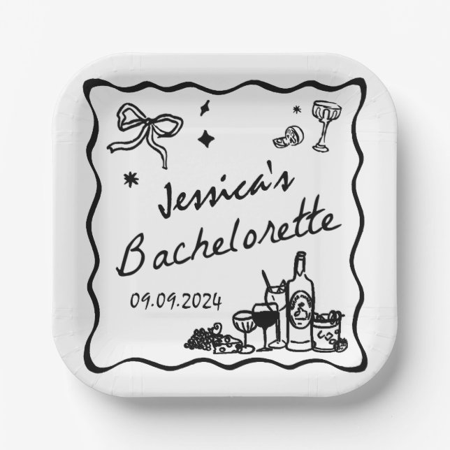 Black Whimsical Beach Bachelorette Party Paper Plate (Front)