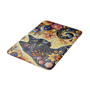 Black Whimsical Cat Abstract Floral Painting Art  Bath Mat