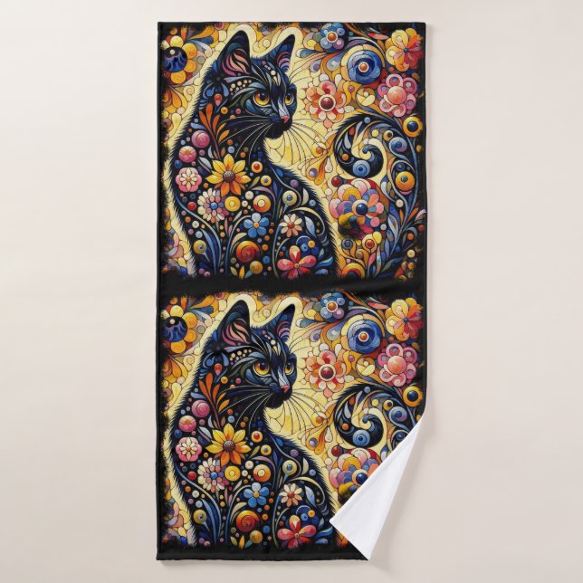 Black Whimsical Cat Abstract Floral Painting Art  Bath Towel (Bath Towel)