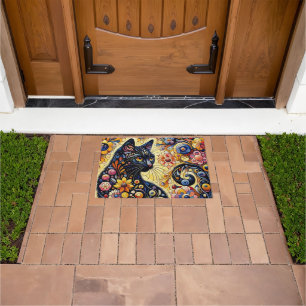 Black Whimsical Cat Abstract Floral Painting Art  Doormat