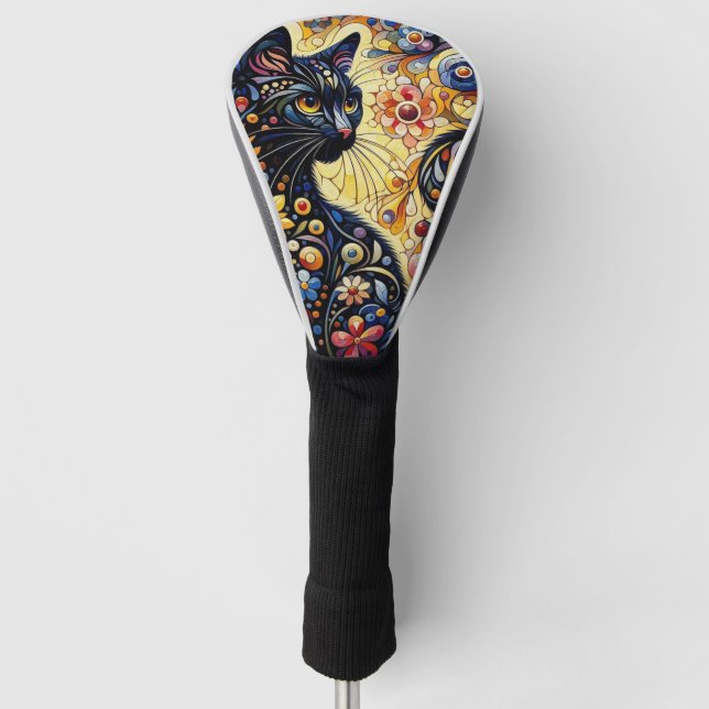 Black Whimsical Cat Abstract Floral Painting Art  Golf Head Cover (Front)