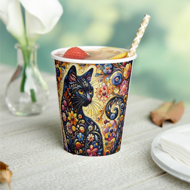 Black Whimsical Cat Abstract Floral Painting Art  Paper Cups (Insitu)