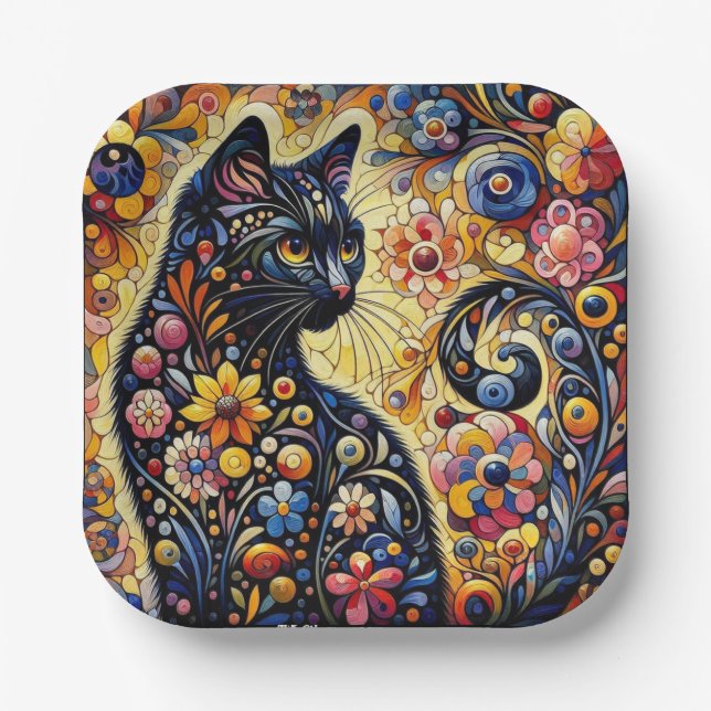 Black Whimsical Cat Abstract Floral Painting Art  Paper Plate (Front)