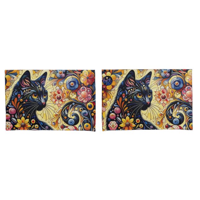 Black Whimsical Cat Abstract Floral Painting Art  Pillowcase (Front-Set)