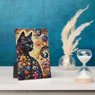 Black Whimsical Cat Abstract Floral Painting Art  Plaque