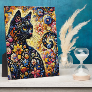 Black Whimsical Cat Abstract Floral Painting Art Plaque