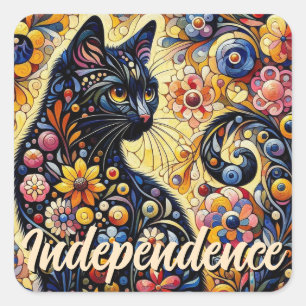 Black Whimsical Cat Abstract Floral Painting Art  Square Sticker