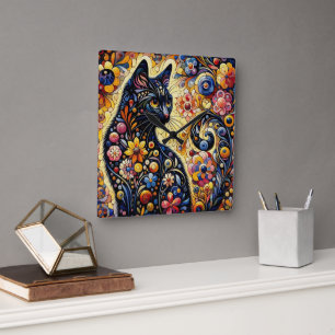 Black Whimsical Cat Abstract Floral Painting Art Square Wall Clock