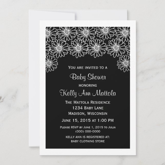 Black Whimsical Daisies Baby Shower Invite (Front)