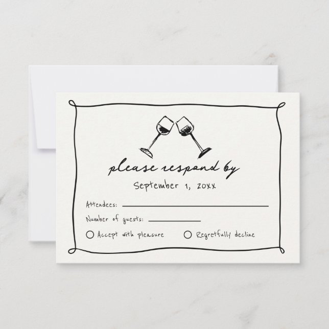 Black Whimsical Hand Drawn Vineyard Wedding RSVP Card (Front)