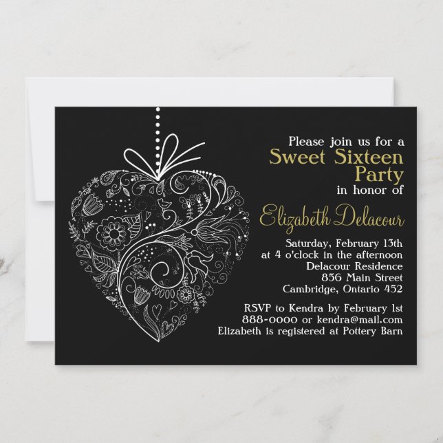 Black Whimsical Heart Sweet Sixteen Invitation (Front)