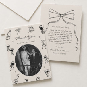 Black Whimsical Photo Hand Drawn Wedding  Thank You Card