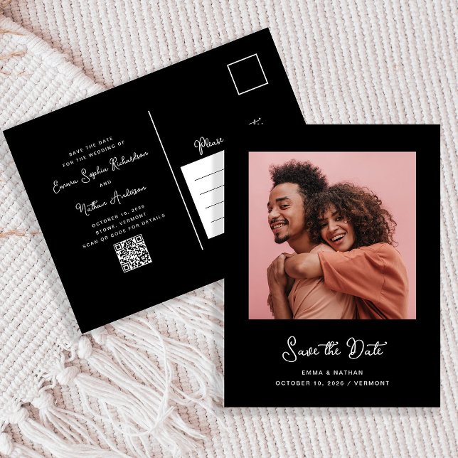 Black Whimsical Photo | QR Code Save The Date Announcement Postcard (A sweet and whimsical black save the date postcard, with your photo and a scannable QR code)