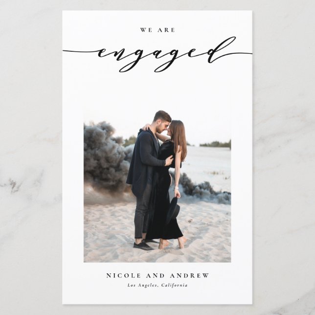 Black Whimsical Script Engagement Announcement (Front)