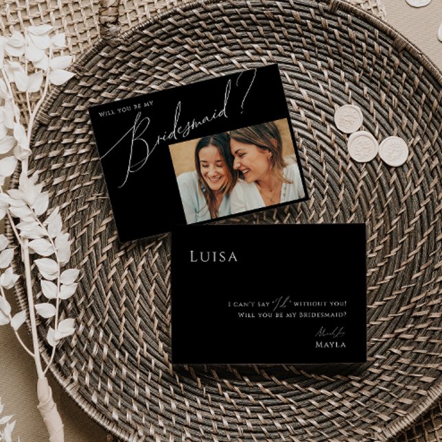 Black Whimsical Script Photo Bridesmaid Card (Creator Uploaded)