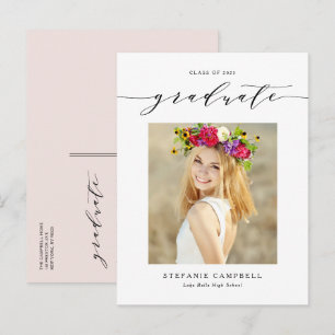 Black Whimsical Script Photo Graduation Announcement Postcard