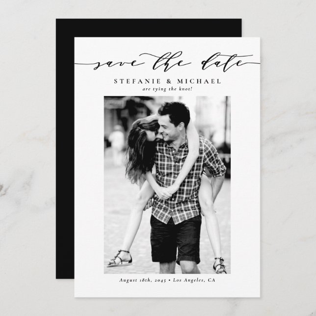 Black Whimsical Script Photo Save The Date (Front/Back)