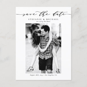 Black Whimsical Script Photo Save the Date Announcement Postcard