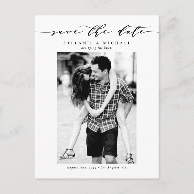 Black Whimsical Script Photo Save the Date Announcement Postcard (Front)
