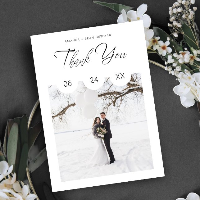 Black Whimsical Script Typography Photo Wedding Thank You Card (Black Whimsical Script Typography Custom Photo Wedding Thank You Card. )