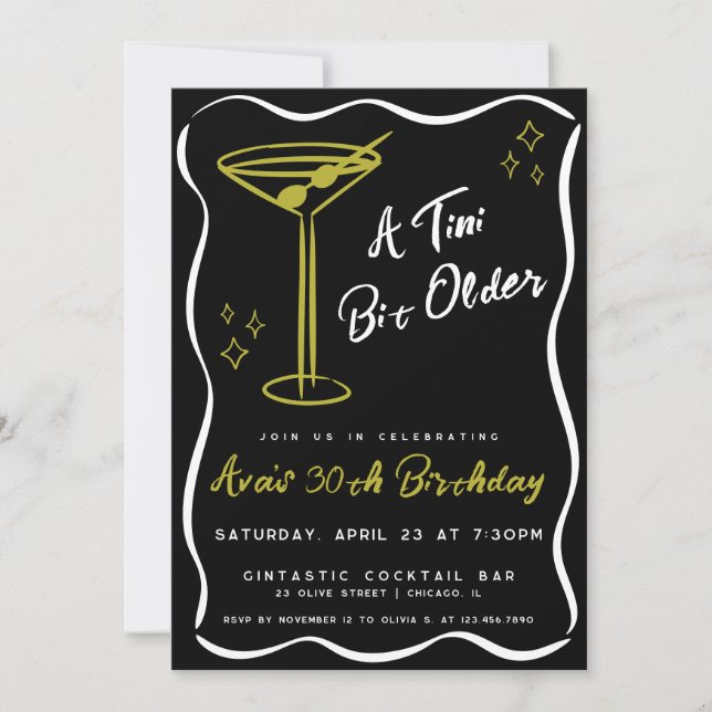 Black Whimsical Tini Bit Older Martini Birthday Invitation (Front)
