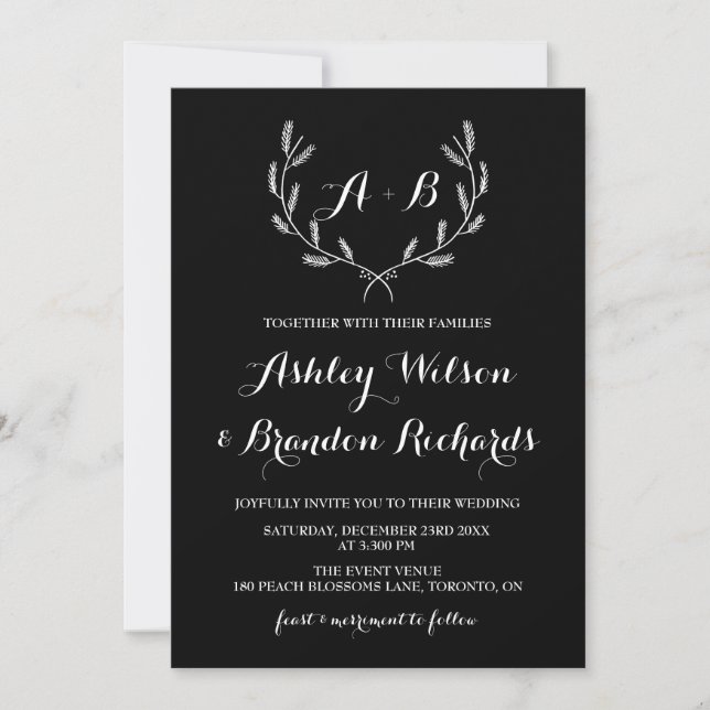 Black Whimsical Winter Wreath I Wedding Invitation (Front)