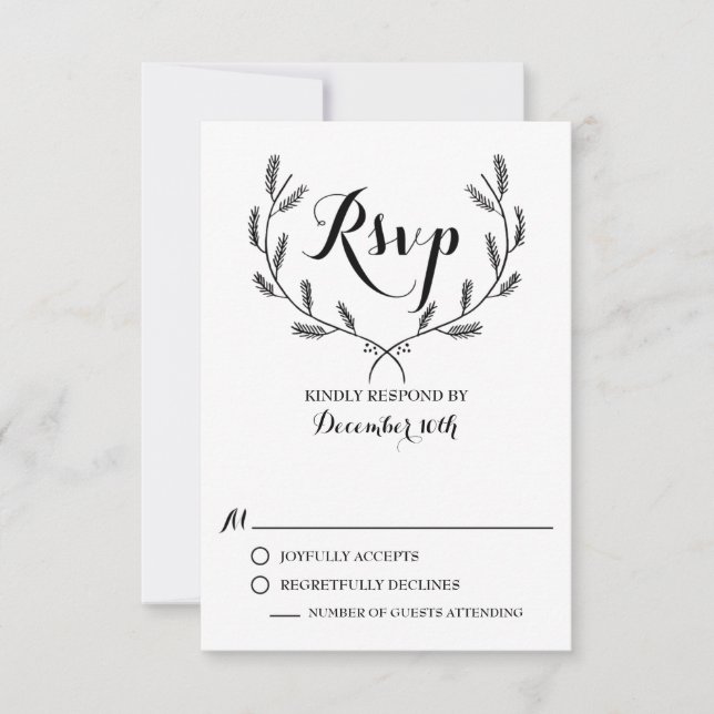 Black Whimsical Winter Wreath Wedding RSVP Card (Front)