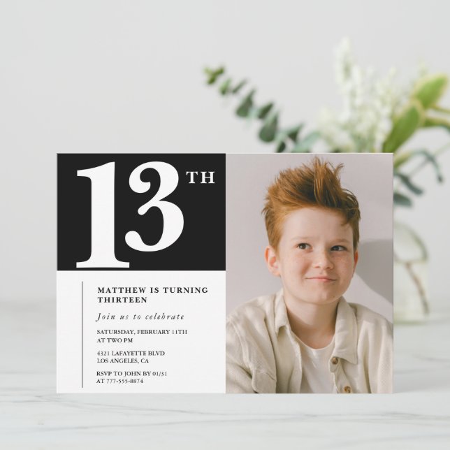 Black White 13th birthday invitation Chic Photo (Standing Front)