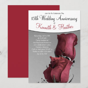 Black White 15th Wedding Anniversary Red Roses Invitation
