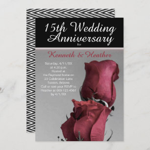 Black White 15th Wedding Anniversary Red Roses Invitation