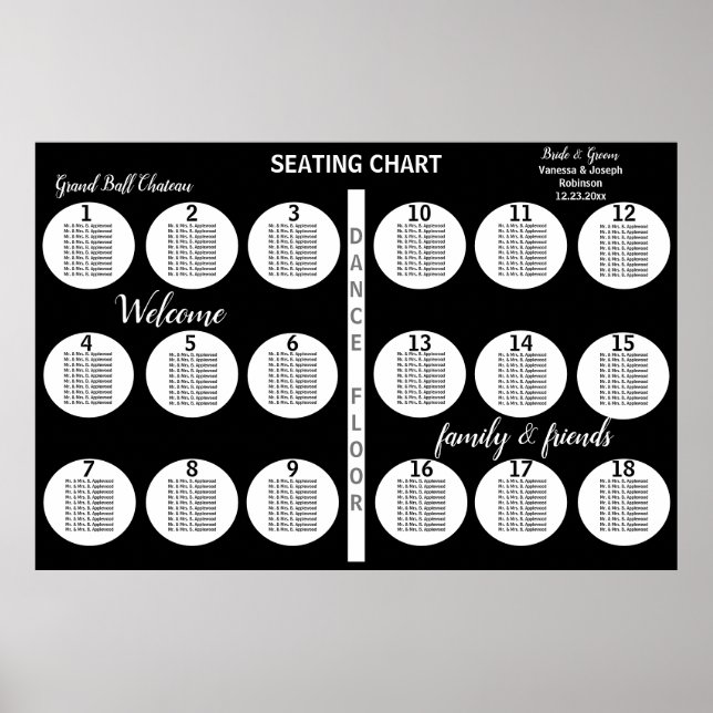 Black White 18 Tables Wedding Seating Chart (Front)