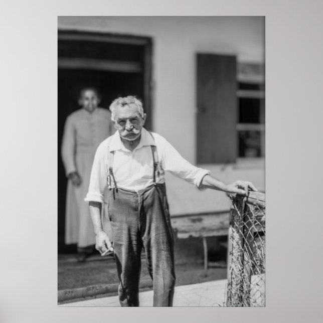 Black & White 1968 European Old Man in Suspenders Poster (Front)