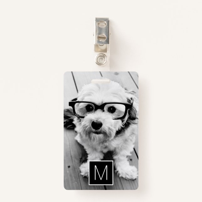 Black White 1 Photo Collage Custom Monogram ID Badge (Front with Clip)