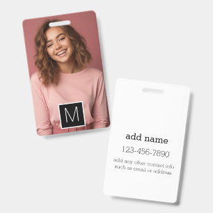 Black White 1 Photo Collage Custom Monogram ID Badge