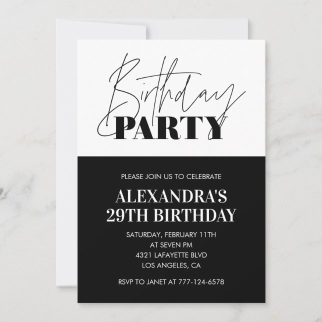 Black White 29th birthday invitations Party  (Front)