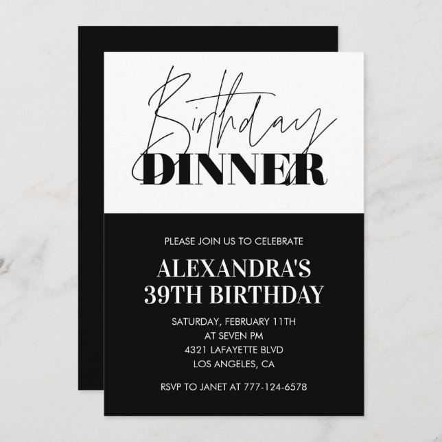 Black White 39th birthday invitations Dinner  (Front/Back)