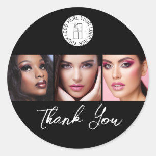 Black White 3 Photo Makeup Logo Thank You Classic Classic Round Sticker