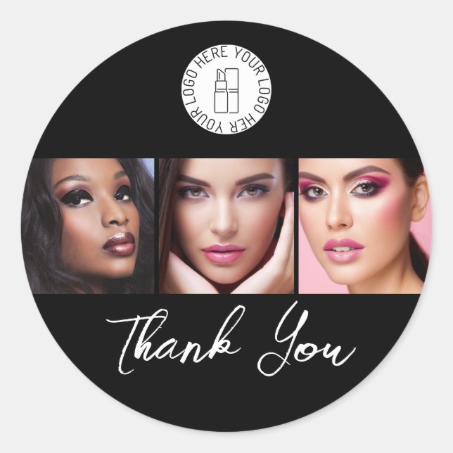 Black White 3 Photo Makeup Logo Thank You Classic Classic Round Sticker (Front)