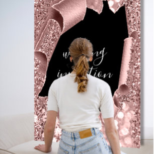 Black White 3D Rose Gold Wedding Glitter Invitation