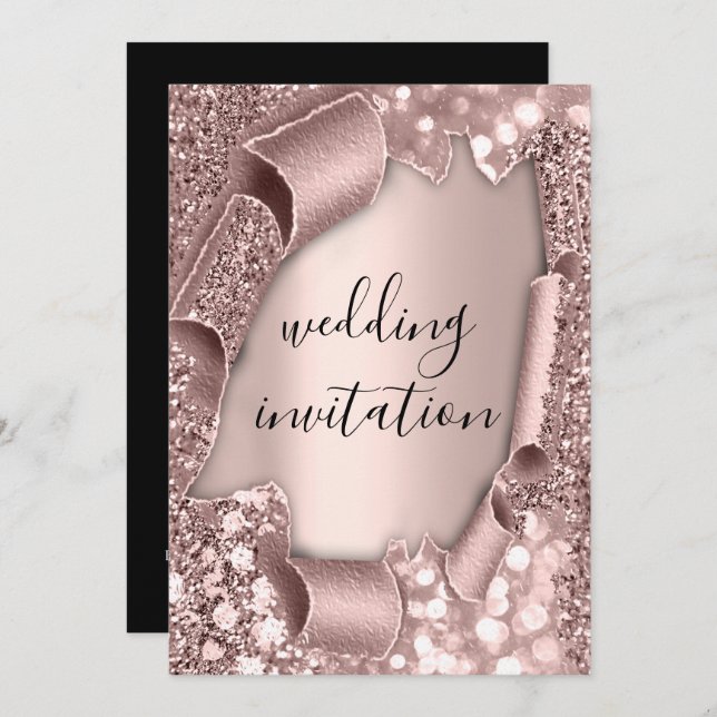 Black White 3D Rose Gold Wedding Sparkly Invitation (Front/Back)