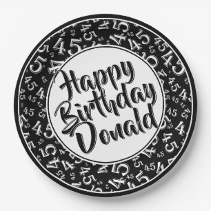 Black/White 45th Happy Birthday Number Pattern Paper Plate